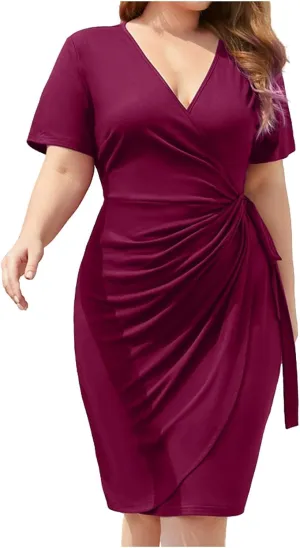 Women's Plus Size Casual Cocktail Solid Color Casual Tummy Control Summer Midi Dress with Straps V Neck Formal Dress