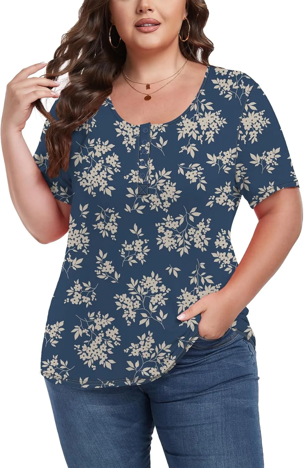 Women's Plus Size Shirt Short Sleeve Button Round Neck Top Basic Ladies Loose Fit T Shirt