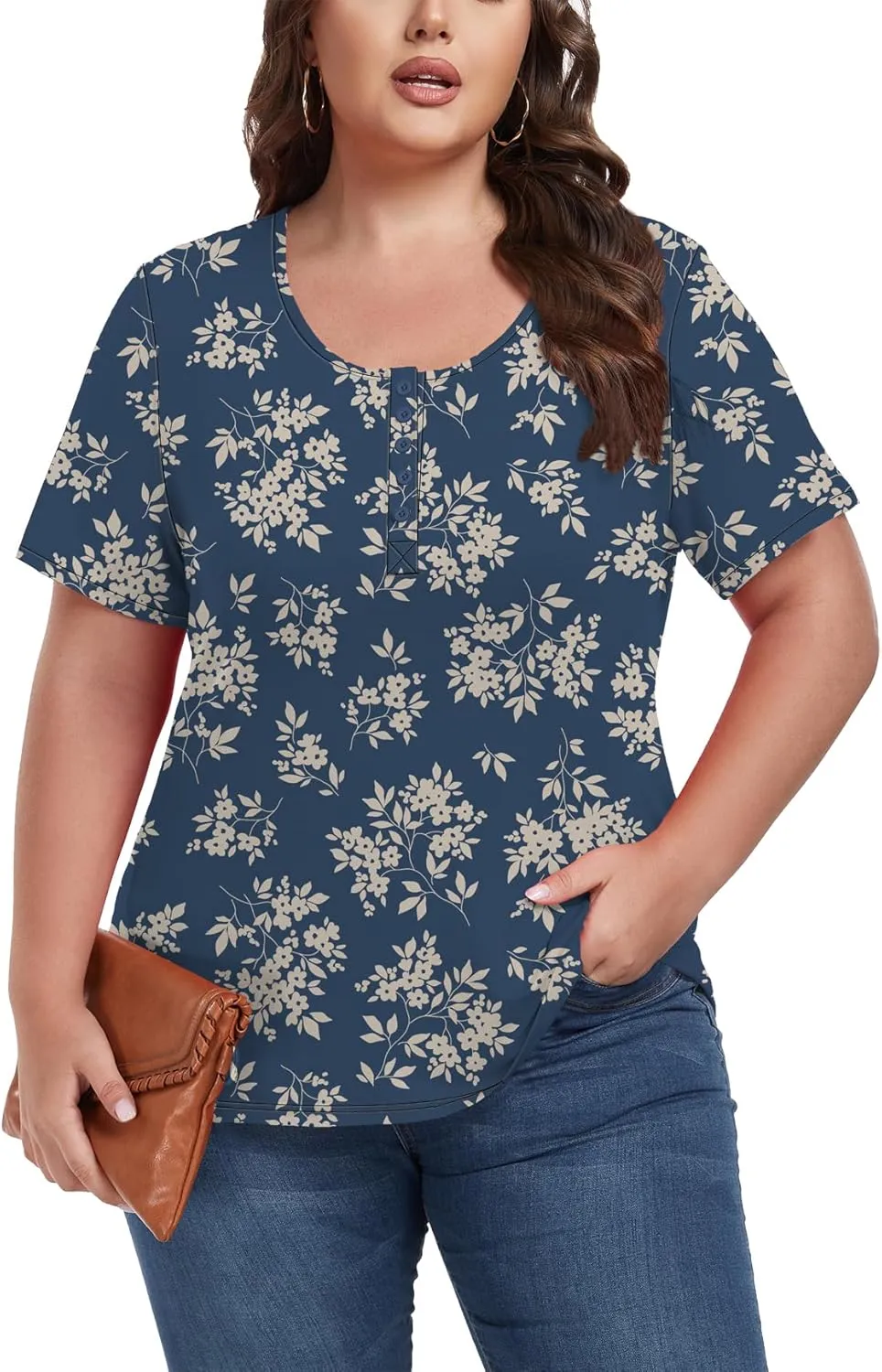 Women's Plus Size Shirt Short Sleeve Button Round Neck Top Basic Ladies Loose Fit T Shirt
