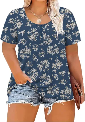 Women's Plus Size Shirt Short Sleeve Button Round Neck Top Basic Ladies Loose Fit T Shirt