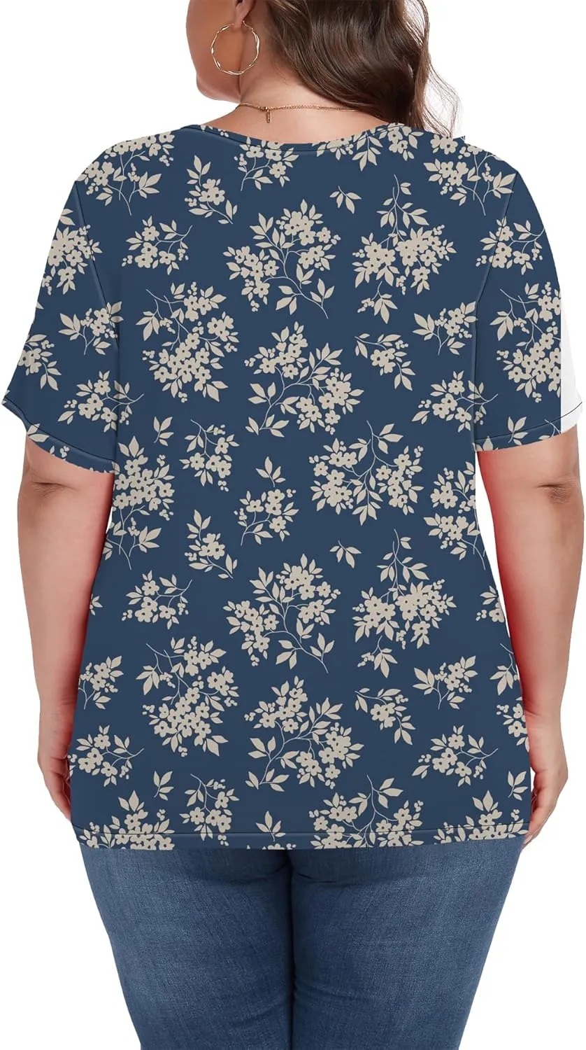 Women's Plus Size Shirt Short Sleeve Button Round Neck Top Basic Ladies Loose Fit T Shirt