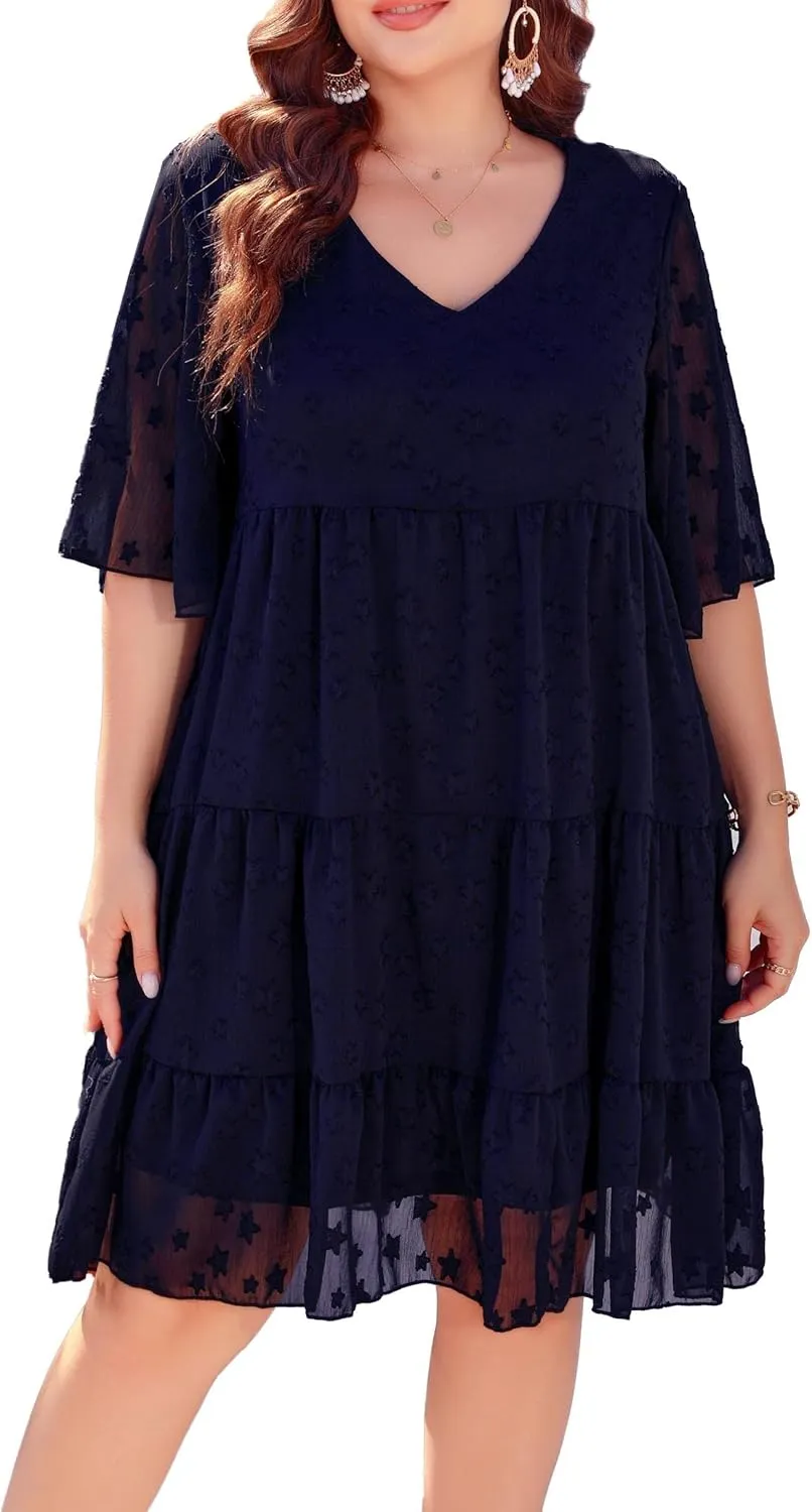 Women's Plus Size Summer Chiffon Loose Fit Dress Casual V Neck Belly Sleeve Babydoll Maternity Dress Sundress