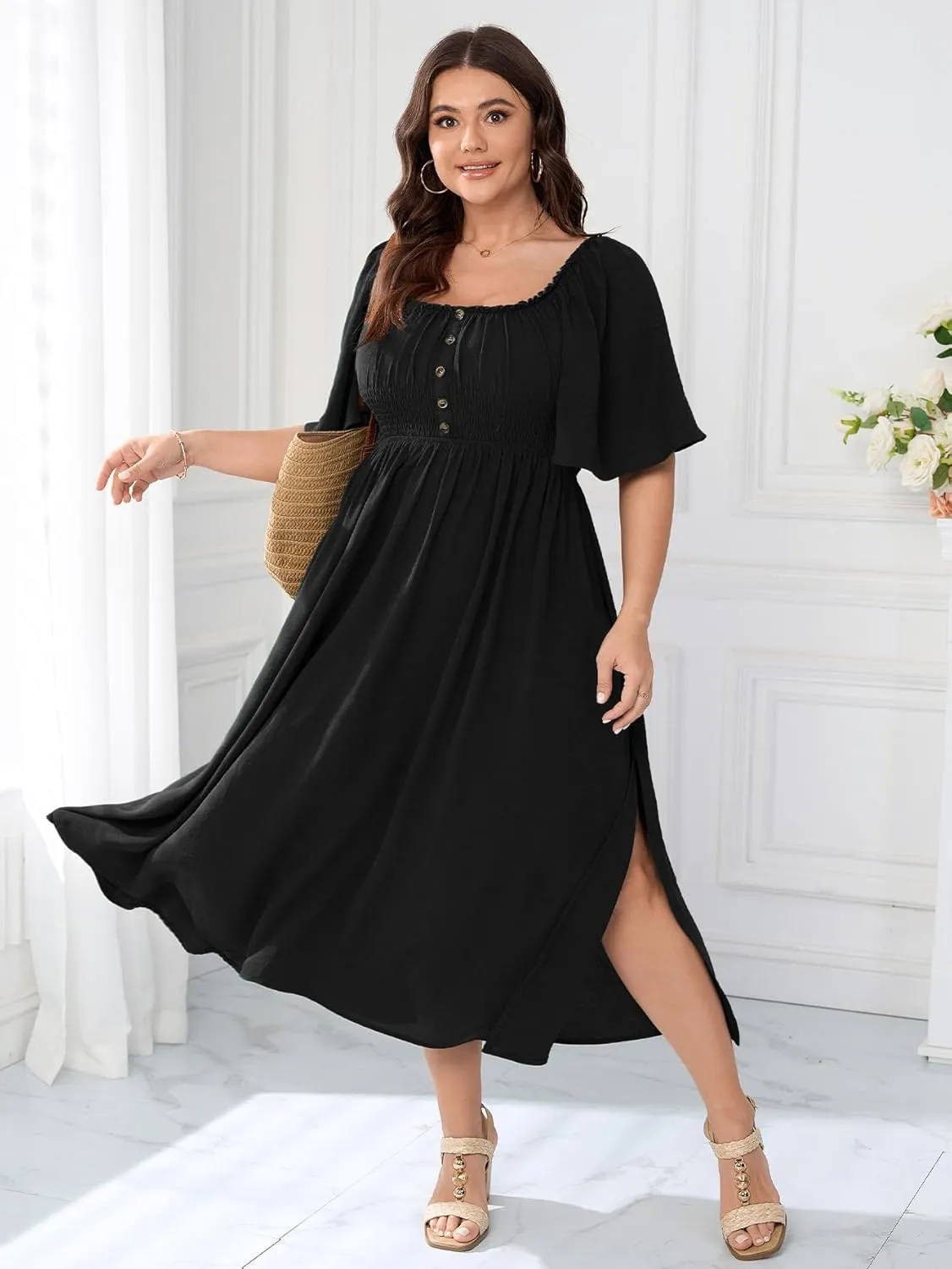 Womens Plus Size Wedding Guest Midi Dress Square Neck Flutter Short Sleeve Smocked Button Down Summer Formal Dresses