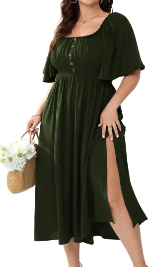 Womens Plus Size Wedding Guest Midi Dress Square Neck Flutter Short Sleeve Smocked Button Down Summer Formal Dresses