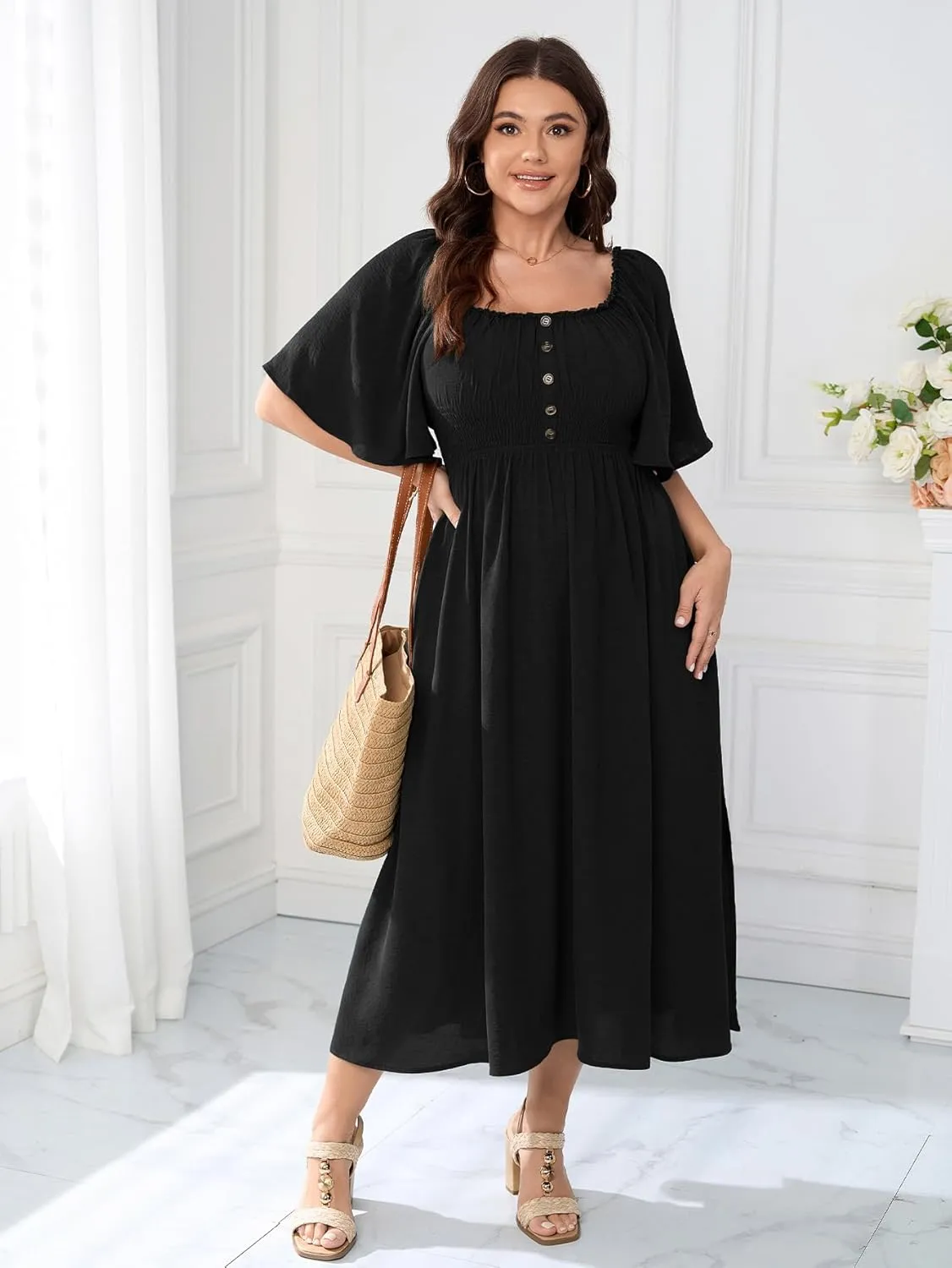 Womens Plus Size Wedding Guest Midi Dress Square Neck Flutter Short Sleeve Smocked Button Down Summer Formal Dresses