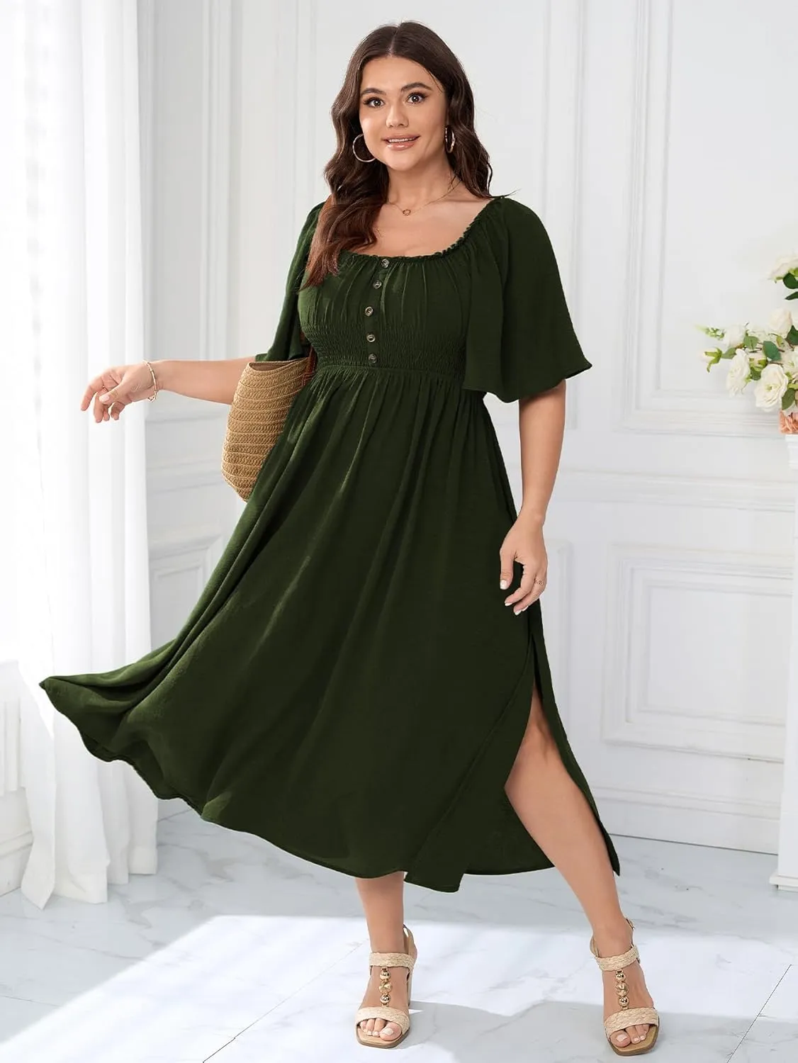 Womens Plus Size Wedding Guest Midi Dress Square Neck Flutter Short Sleeve Smocked Button Down Summer Formal Dresses