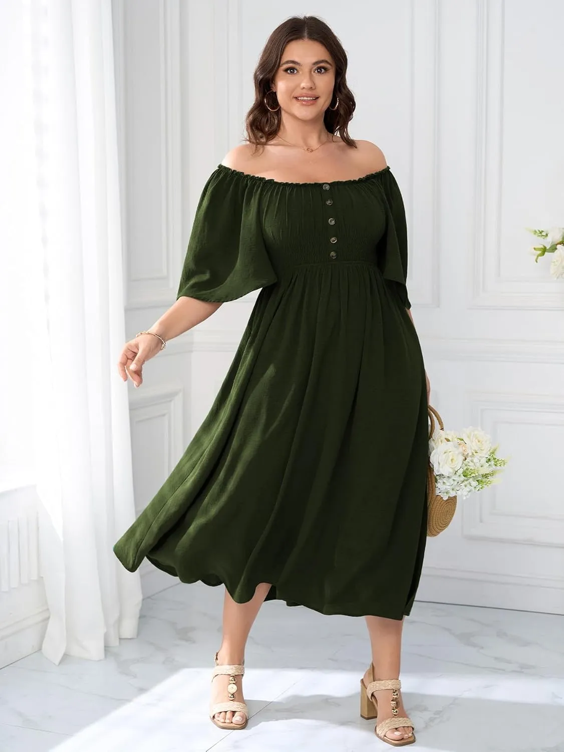 Womens Plus Size Wedding Guest Midi Dress Square Neck Flutter Short Sleeve Smocked Button Down Summer Formal Dresses