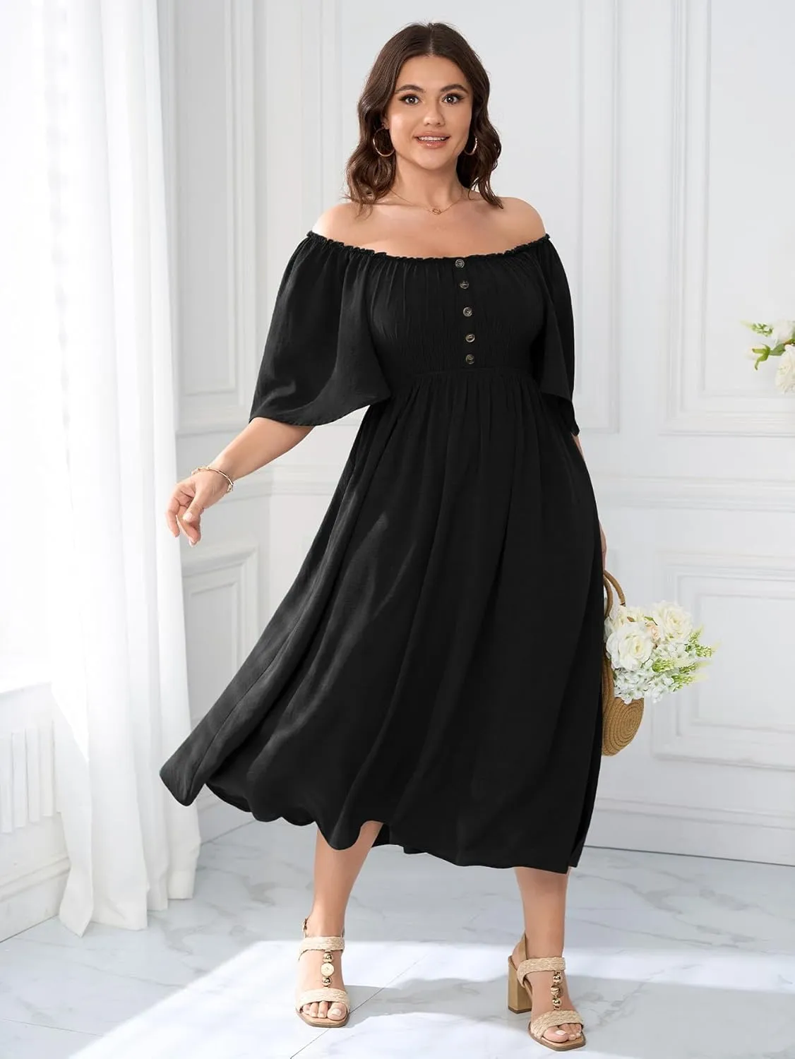 Womens Plus Size Wedding Guest Midi Dress Square Neck Flutter Short Sleeve Smocked Button Down Summer Formal Dresses