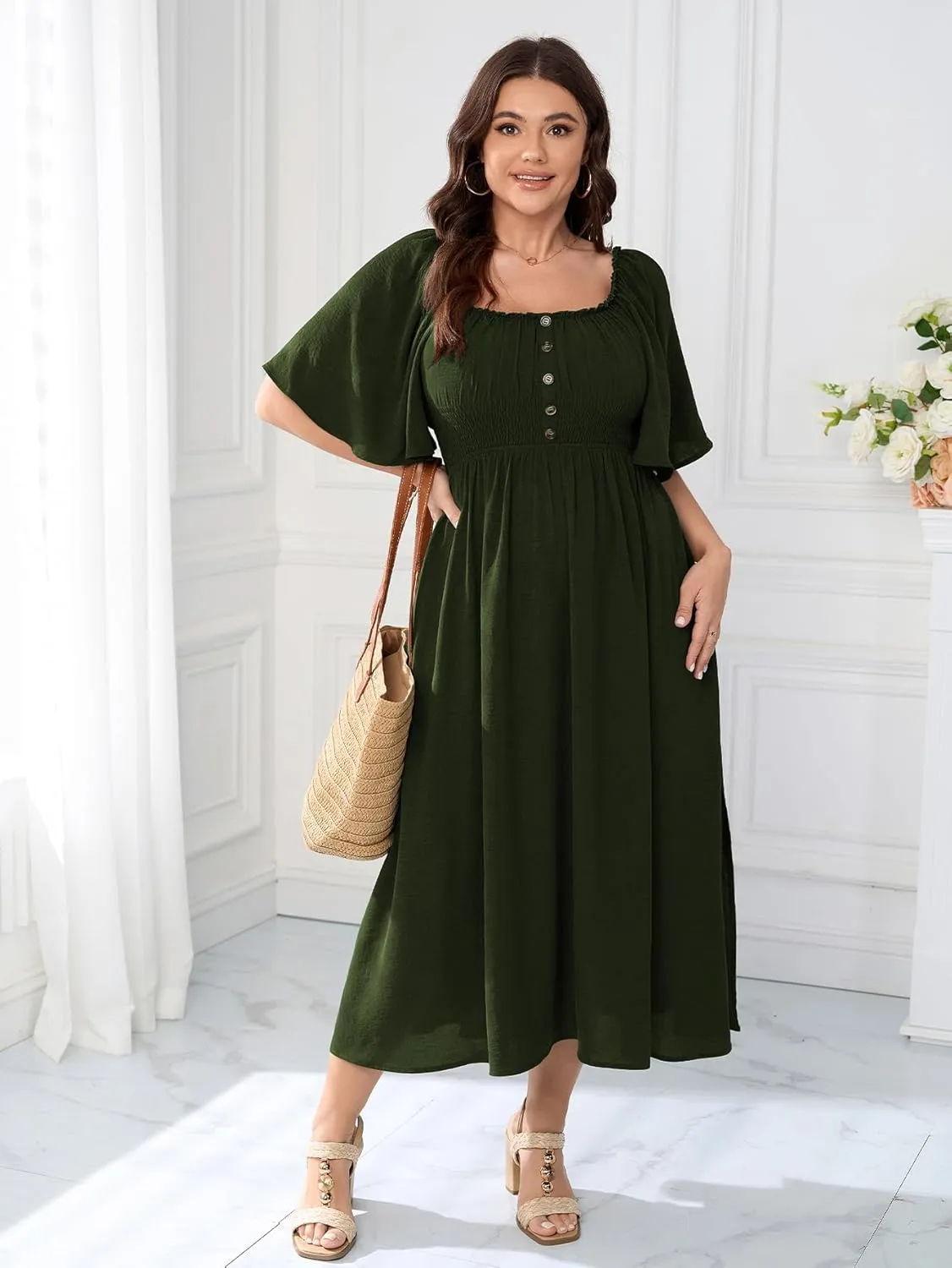 Womens Plus Size Wedding Guest Midi Dress Square Neck Flutter Short Sleeve Smocked Button Down Summer Formal Dresses