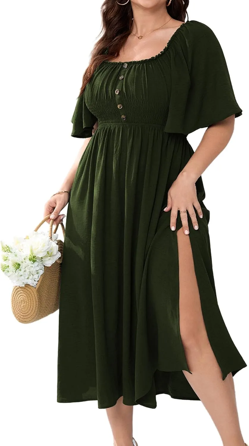Womens Plus Size Wedding Guest Midi Dress Square Neck Flutter Short Sleeve Smocked Button Down Summer Formal Dresses