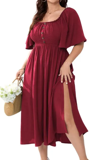 Womens Plus Size Wedding Guest Midi Dress Square Neck Flutter Short Sleeve Smocked Button Down Summer Formal Dresses