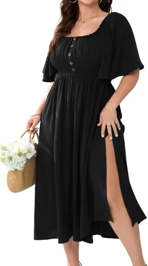 Womens Plus Size Wedding Guest Midi Dress Square Neck Flutter Short Sleeve Smocked Button Down Summer Formal Dresses