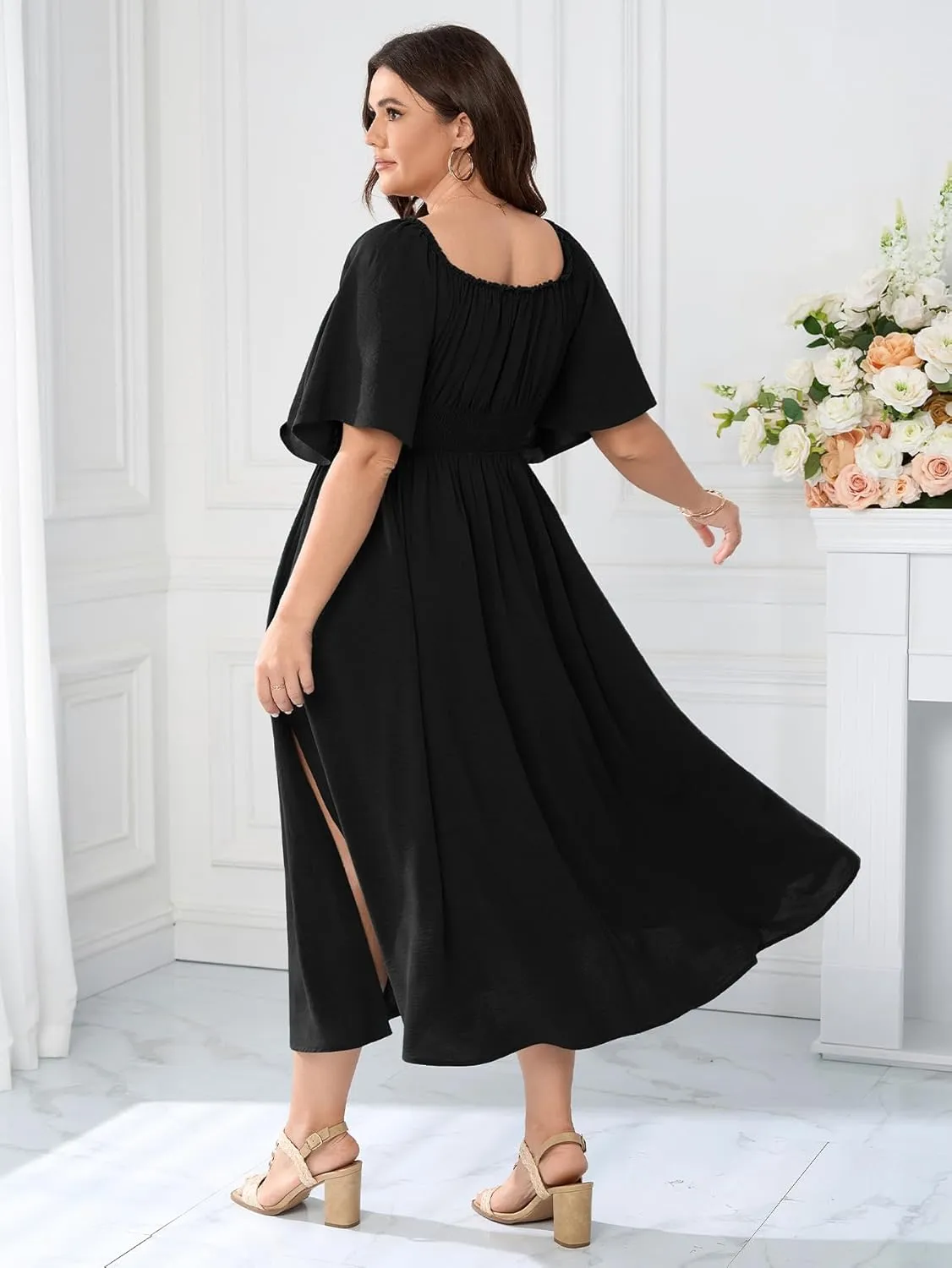 Womens Plus Size Wedding Guest Midi Dress Square Neck Flutter Short Sleeve Smocked Button Down Summer Formal Dresses