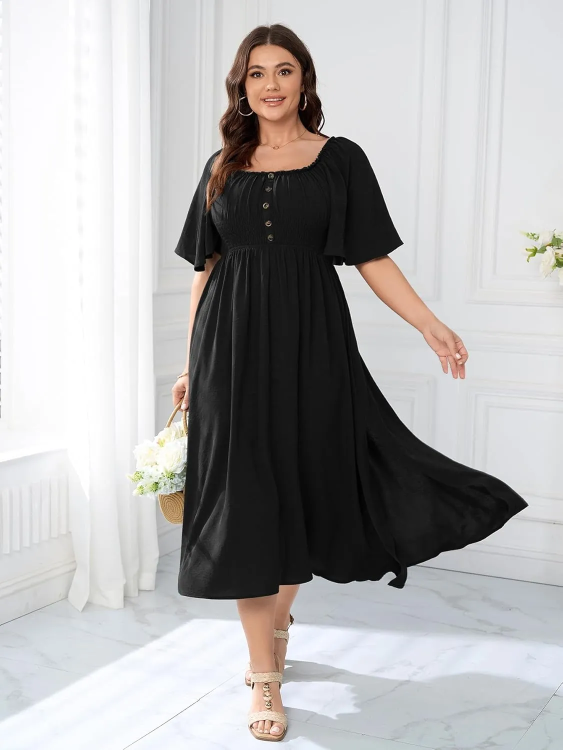 Womens Plus Size Wedding Guest Midi Dress Square Neck Flutter Short Sleeve Smocked Button Down Summer Formal Dresses