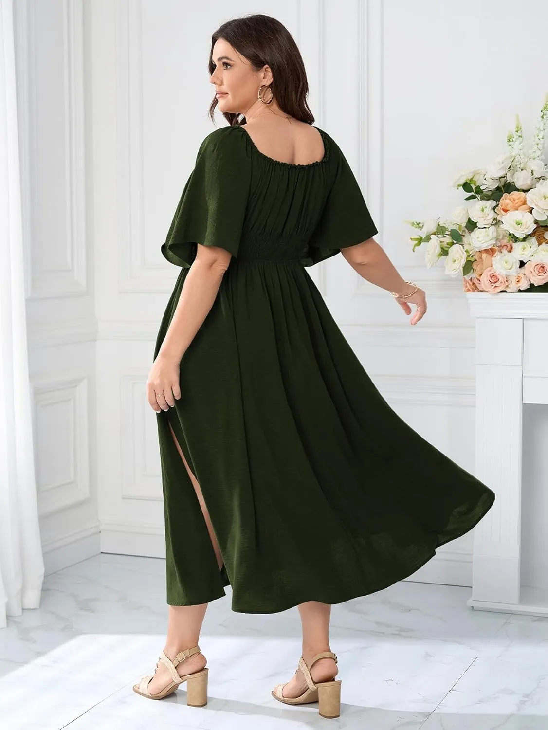 Womens Plus Size Wedding Guest Midi Dress Square Neck Flutter Short Sleeve Smocked Button Down Summer Formal Dresses
