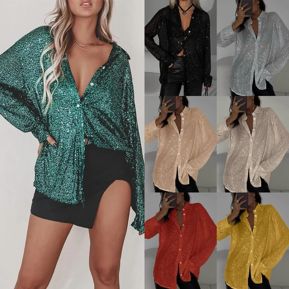 Womens Sequins Long Sleeve Collared Shirt Button Down Open Front Shirt Loose Blouses Shirts Tops