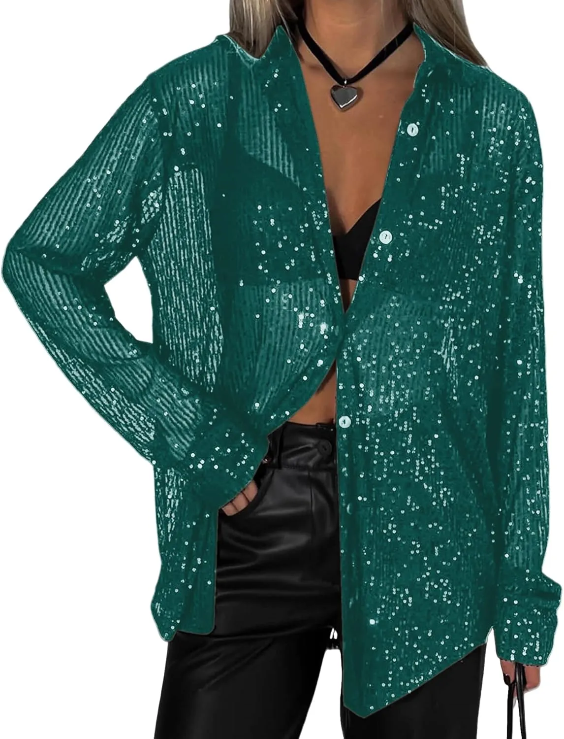 Womens Sequins Long Sleeve Collared Shirt Button Down Open Front Shirt Loose Blouses Shirts Tops