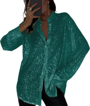 Womens Sequins Long Sleeve Collared Shirt Button Down Open Front Shirt Loose Blouses Shirts Tops