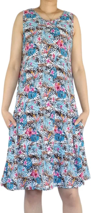Women's Summer Beach Dress Floral Casual Boho Sleeveless Sling Midi Swing Sundress with Pockets
