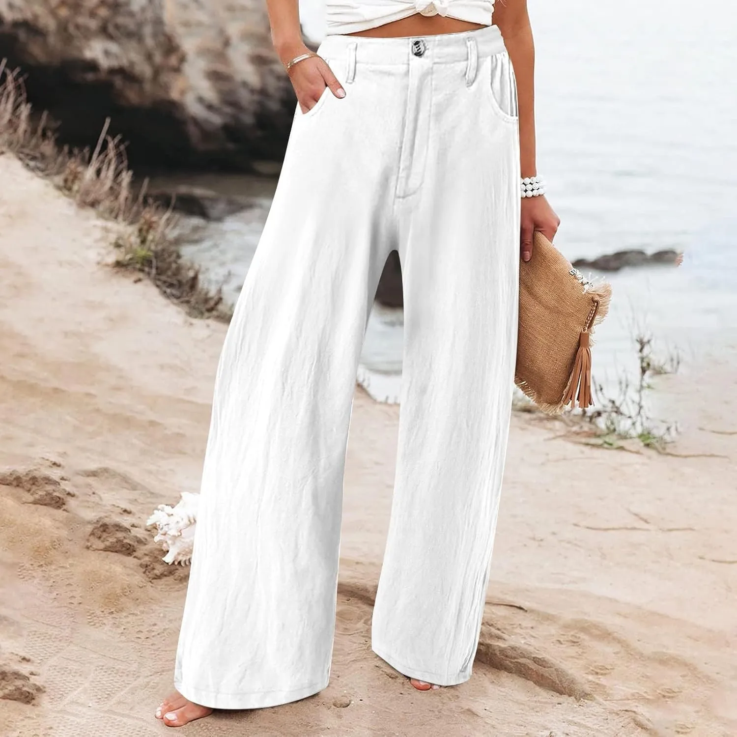 Women's Summer Linen Palazzo Pants Casual Lightweight Straight Wide Leg Trousers Elastic Band Plain Joggers Comfy Yoga Pants