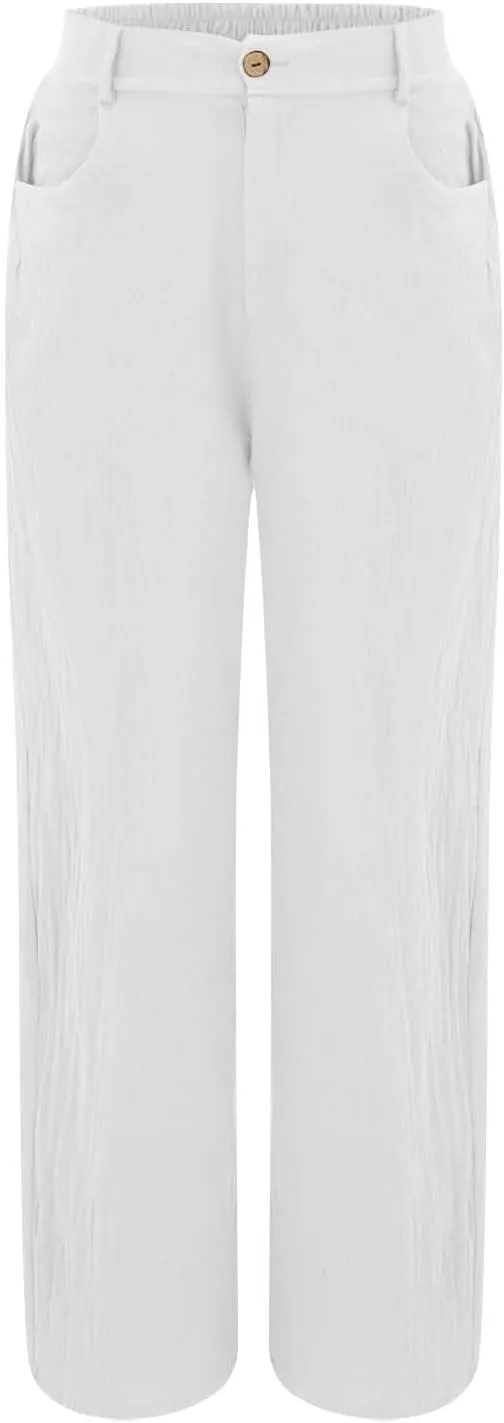 Women's Summer Linen Palazzo Pants Casual Lightweight Straight Wide Leg Trousers Elastic Band Plain Joggers Comfy Yoga Pants