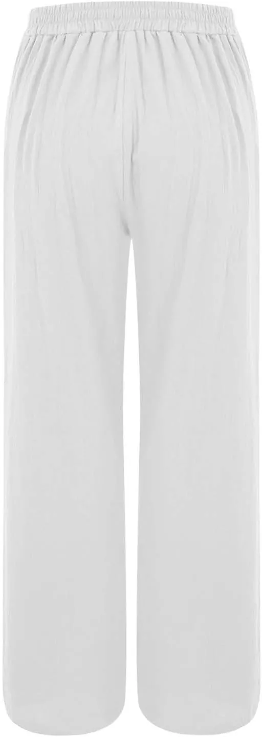 Women's Summer Linen Palazzo Pants Casual Lightweight Straight Wide Leg Trousers Elastic Band Plain Joggers Comfy Yoga Pants