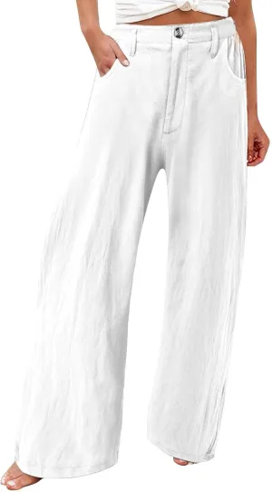 Women's Summer Linen Palazzo Pants Casual Lightweight Straight Wide Leg Trousers Elastic Band Plain Joggers Comfy Yoga Pants
