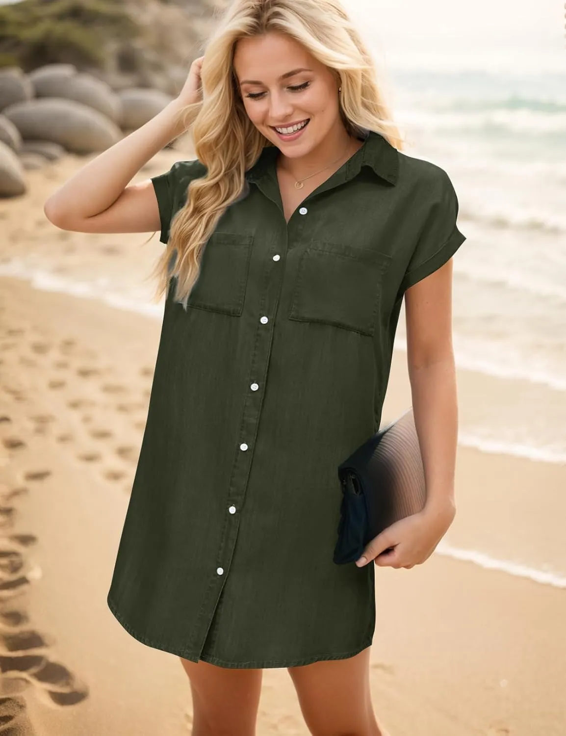 Women's Summer Short Sleeve Button Down Denim Shirt Dress Distressed Jean Dresses Chambray Dress