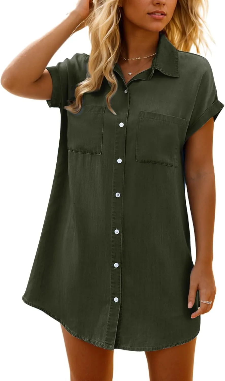 Women's Summer Short Sleeve Button Down Denim Shirt Dress Distressed Jean Dresses Chambray Dress