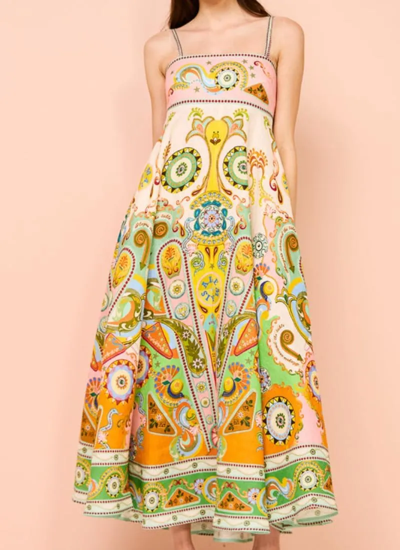 Women's Summer Sleeveless Floral Print Maxi Dress Square Neck Y2k Spaghetti Strap Dress Beach Sun Vacation Sundress