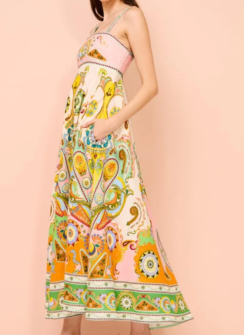 Women's Summer Sleeveless Floral Print Maxi Dress Square Neck Y2k Spaghetti Strap Dress Beach Sun Vacation Sundress