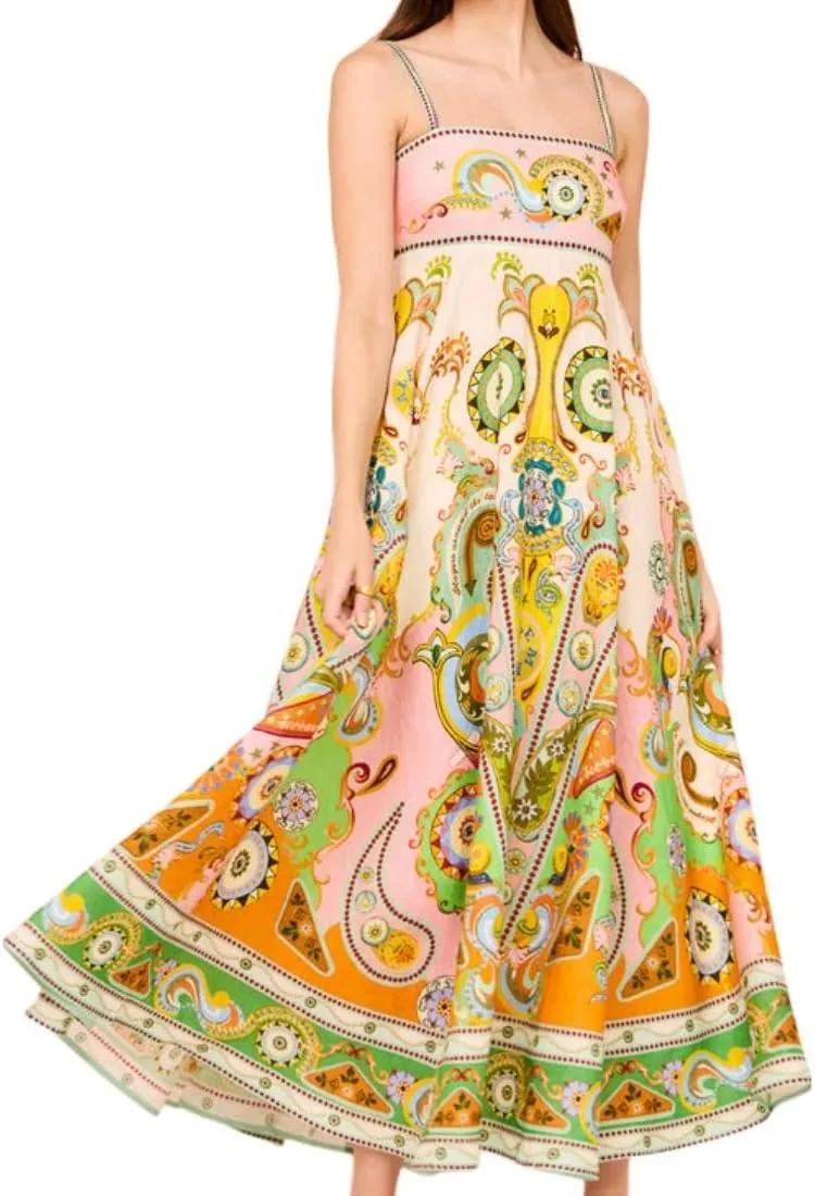 Women's Summer Sleeveless Floral Print Maxi Dress Square Neck Y2k Spaghetti Strap Dress Beach Sun Vacation Sundress