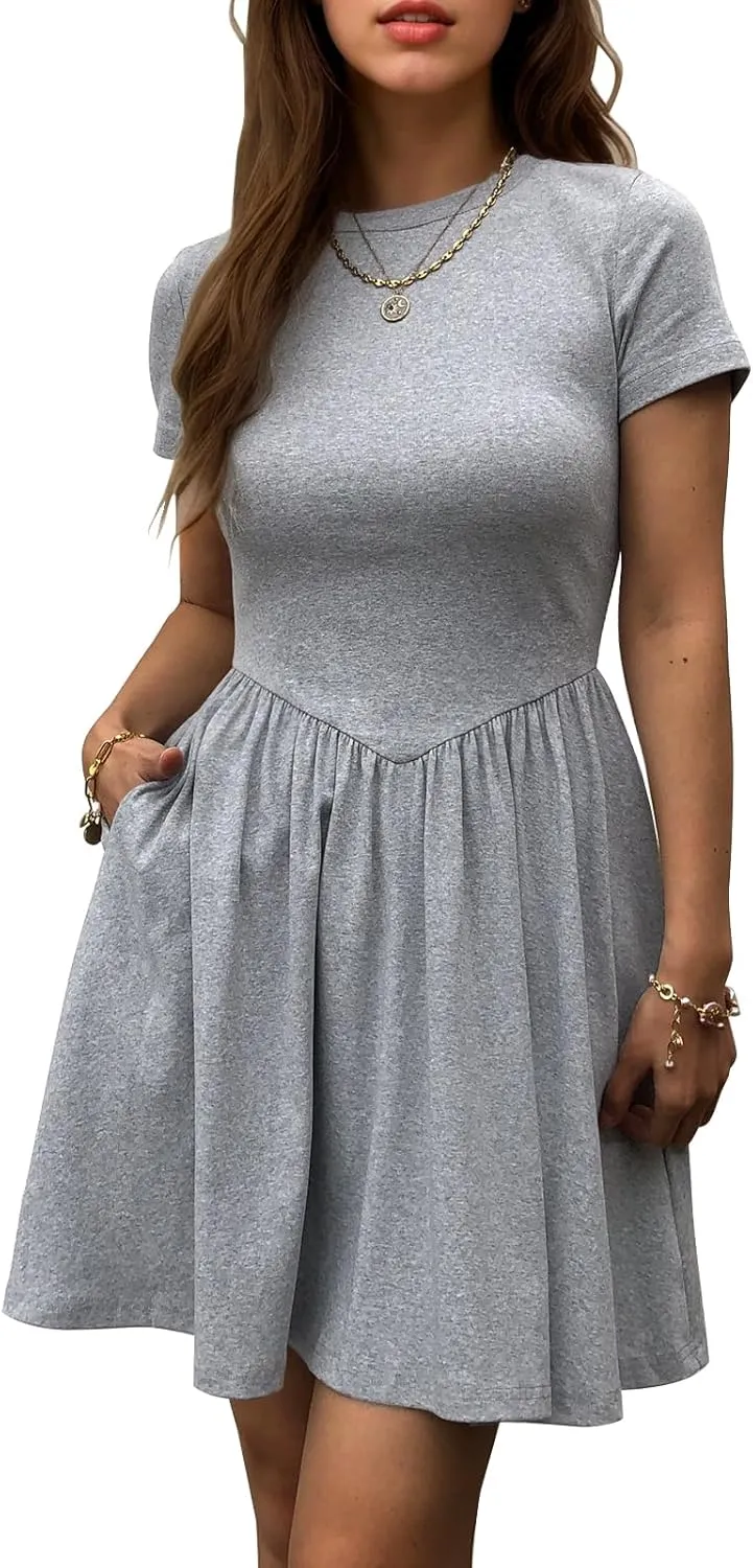 Womens Summer T Shirt Dress Short Sleeve Casual Mini Dresses Drop Waist Swing A Line Dress with Pockets