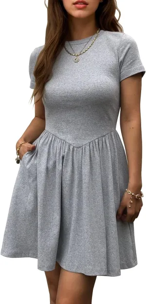 Womens Summer T Shirt Dress Short Sleeve Casual Mini Dresses Drop Waist Swing A Line Dress with Pockets
