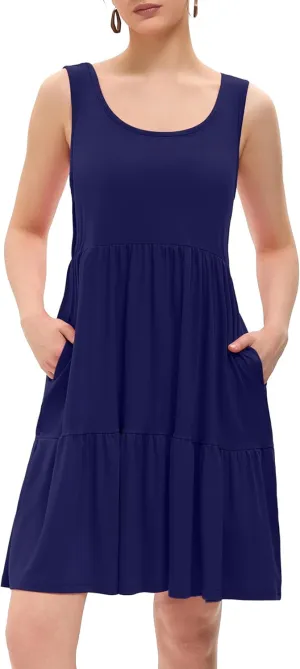 Women's Summer Tank Dress Casual Sleeveless Crewneck T Shirt Sundress Flowy Tiered Swing Mini Beach Vacation Dresses
