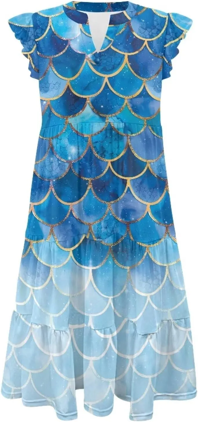 Women's Summer V Neck Dress Ruffle Sleeve A Line Tiered Flowy Casual Midi Beach Dress with Pockets Plus Size S-2XL