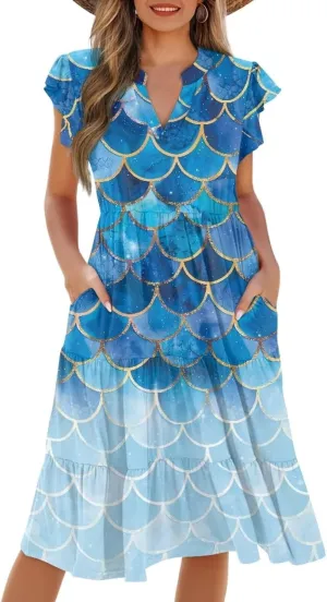 Women's Summer V Neck Dress Ruffle Sleeve A Line Tiered Flowy Casual Midi Beach Dress with Pockets Plus Size S-2XL