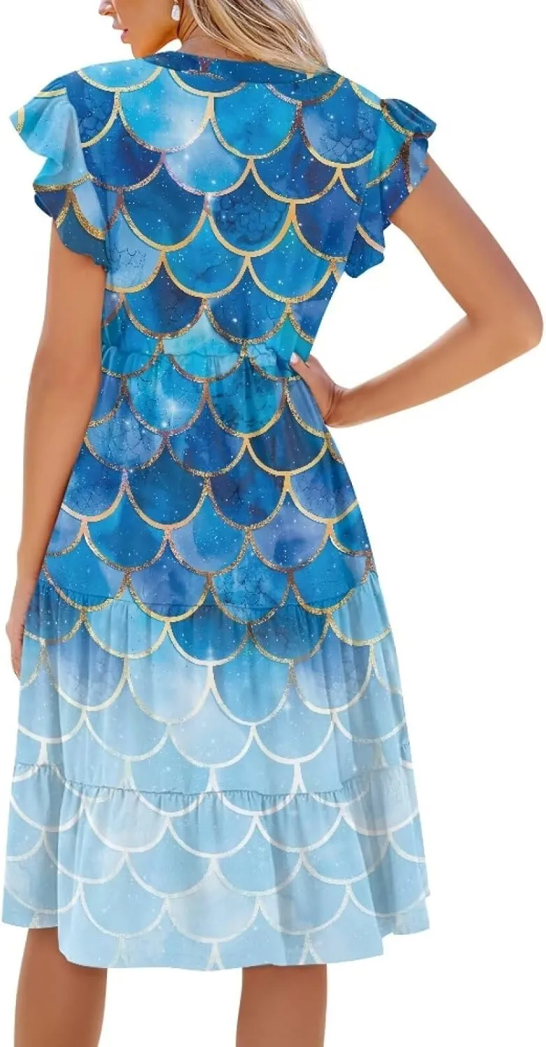 Women's Summer V Neck Dress Ruffle Sleeve A Line Tiered Flowy Casual Midi Beach Dress with Pockets Plus Size S-2XL