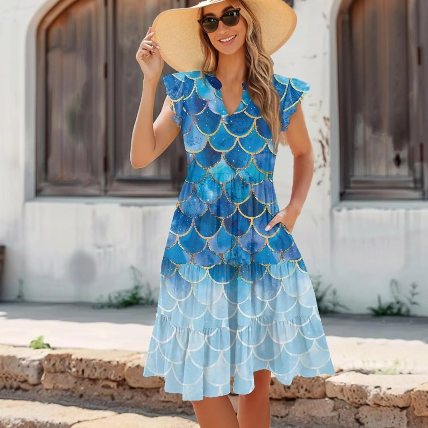 Women's Summer V Neck Dress Ruffle Sleeve A Line Tiered Flowy Casual Midi Beach Dress with Pockets Plus Size S-2XL