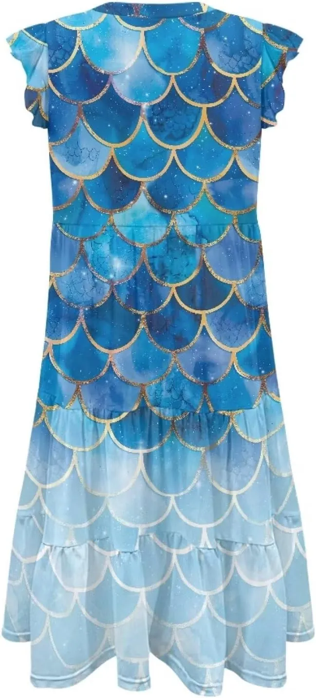 Women's Summer V Neck Dress Ruffle Sleeve A Line Tiered Flowy Casual Midi Beach Dress with Pockets Plus Size S-2XL