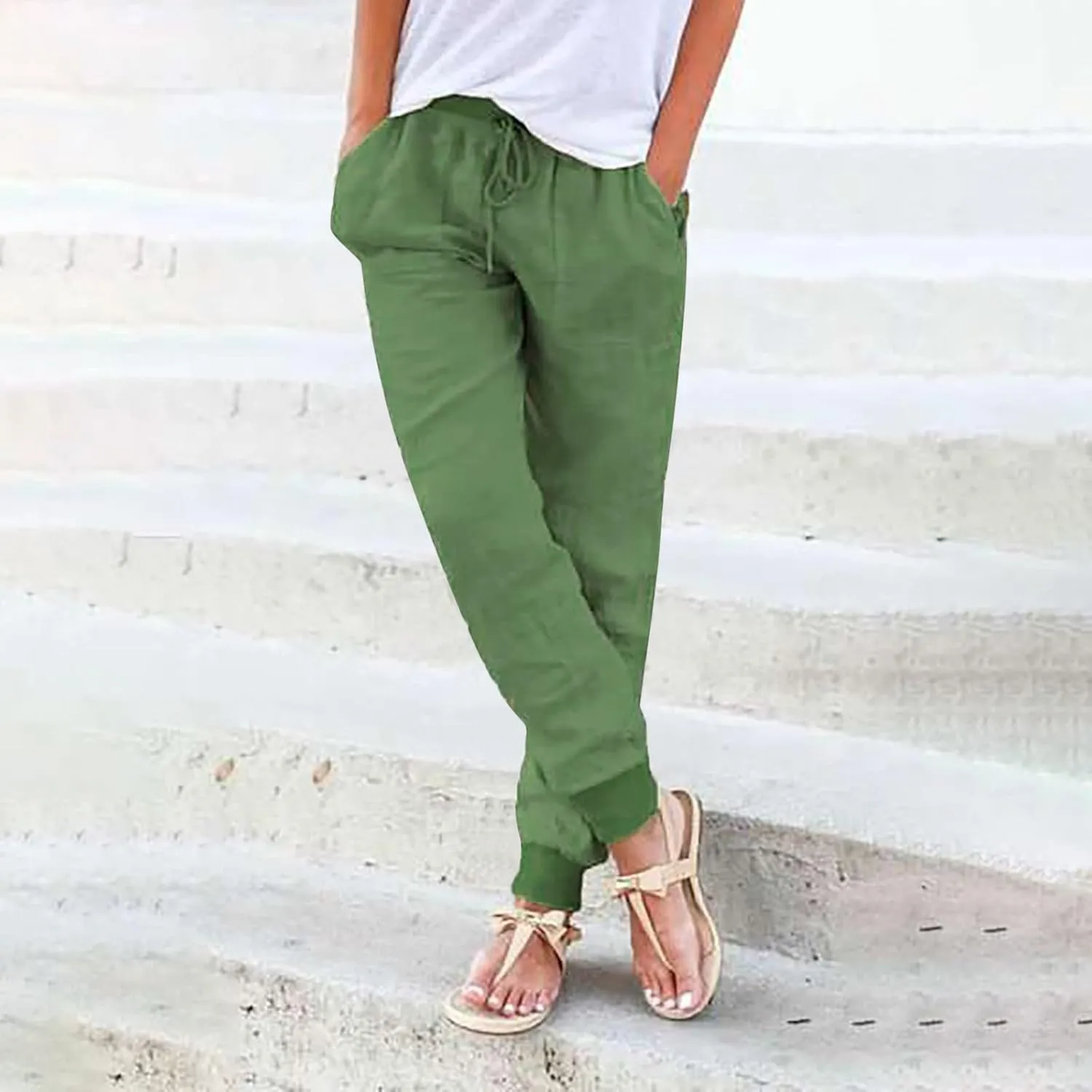 Womens Tapered Pants Casual Cotton Linen Pants Elastic Waist Linen Joggers Drawstring Pants with Pockets Trousers
