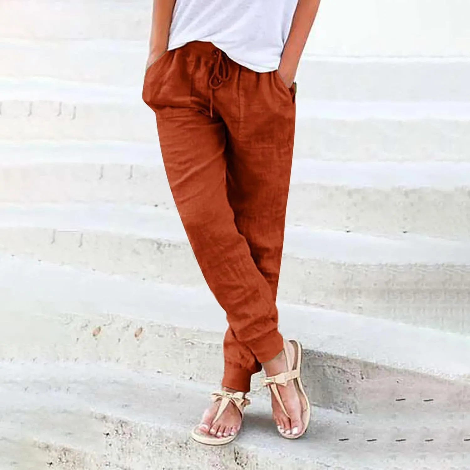 Womens Tapered Pants Casual Cotton Linen Pants Elastic Waist Linen Joggers Drawstring Pants with Pockets Trousers