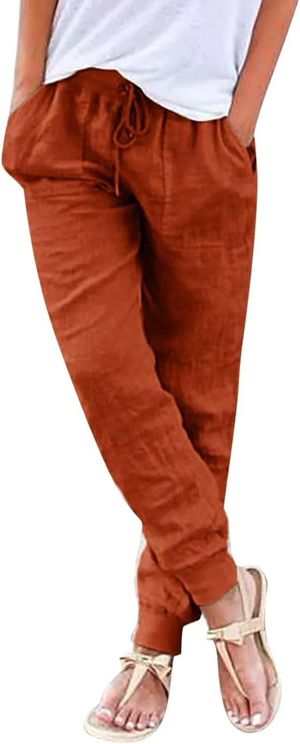 Womens Tapered Pants Casual Cotton Linen Pants Elastic Waist Linen Joggers Drawstring Pants with Pockets Trousers