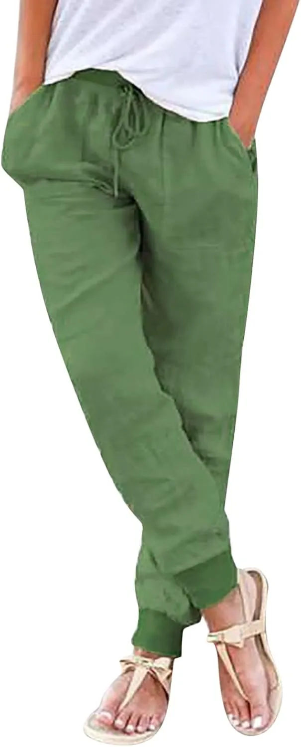 Womens Tapered Pants Casual Cotton Linen Pants Elastic Waist Linen Joggers Drawstring Pants with Pockets Trousers