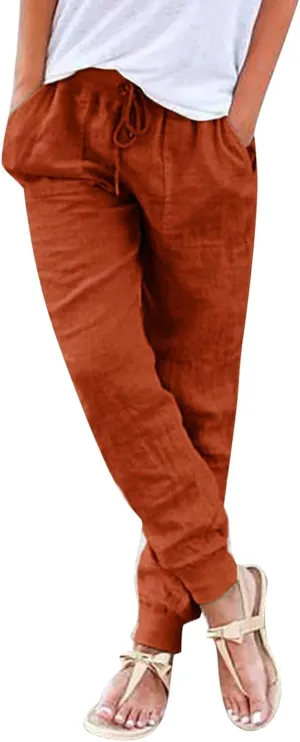Womens Tapered Pants Casual Cotton Linen Pants Elastic Waist Linen Joggers Drawstring Pants with Pockets Trousers