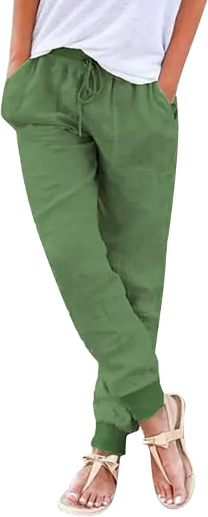 Womens Tapered Pants Casual Cotton Linen Pants Elastic Waist Linen Joggers Drawstring Pants with Pockets Trousers