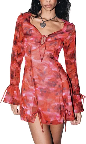 Women's Y2k Ruffle Trim Mini Dress Sexy Low Cut Slim Fit Cutout Mesh See Through Short Dress Summer Beach Sundress