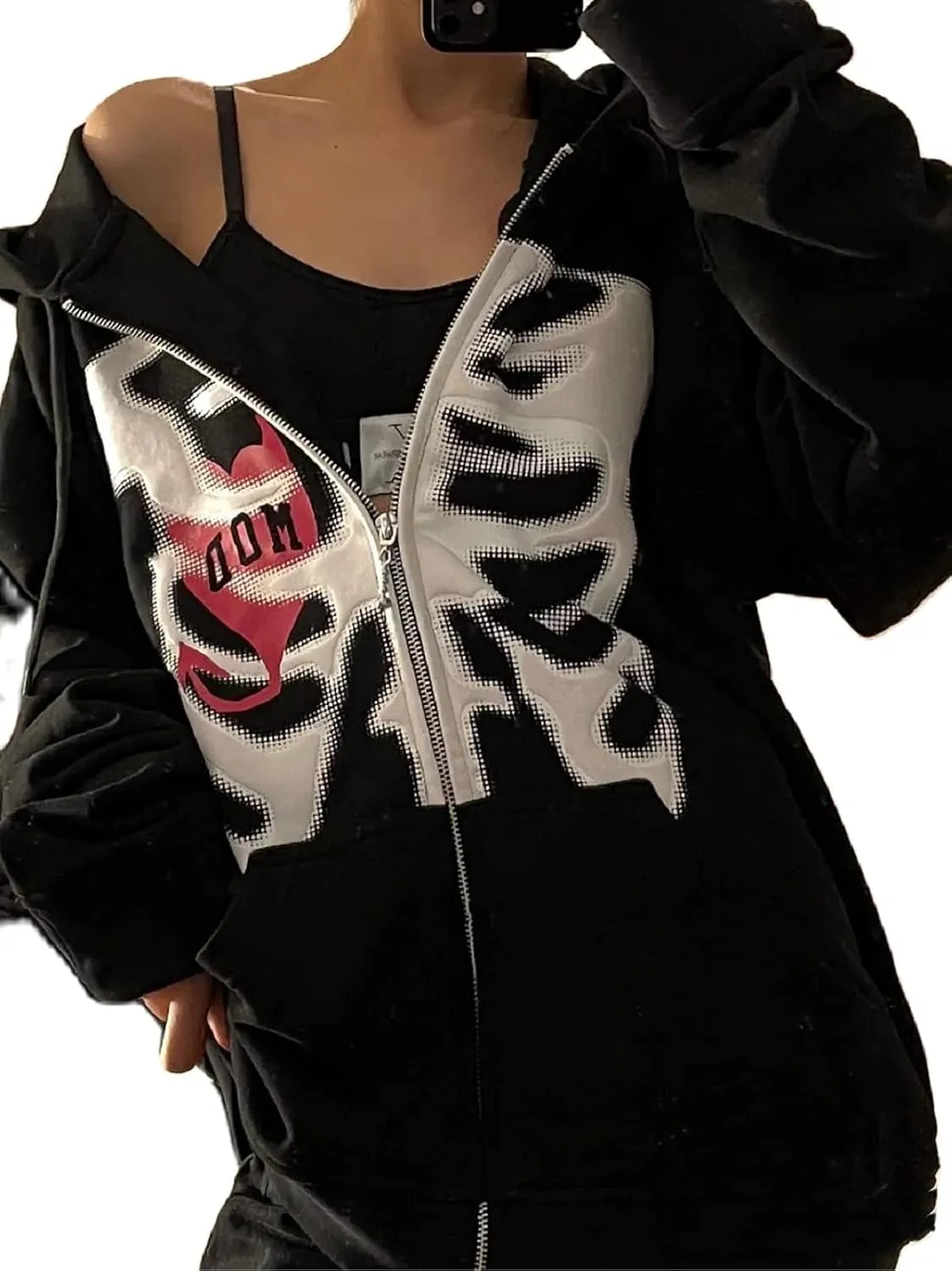 Women's Y2K Vintage Graphic Zip Up Hoodie Oversized Casual Drawstring Hoodie E-Girl 90s Streetwear Jacket Tracksuit