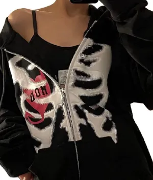 Women's Y2K Vintage Graphic Zip Up Hoodie Oversized Casual Drawstring Hoodie E-Girl 90s Streetwear Jacket Tracksuit