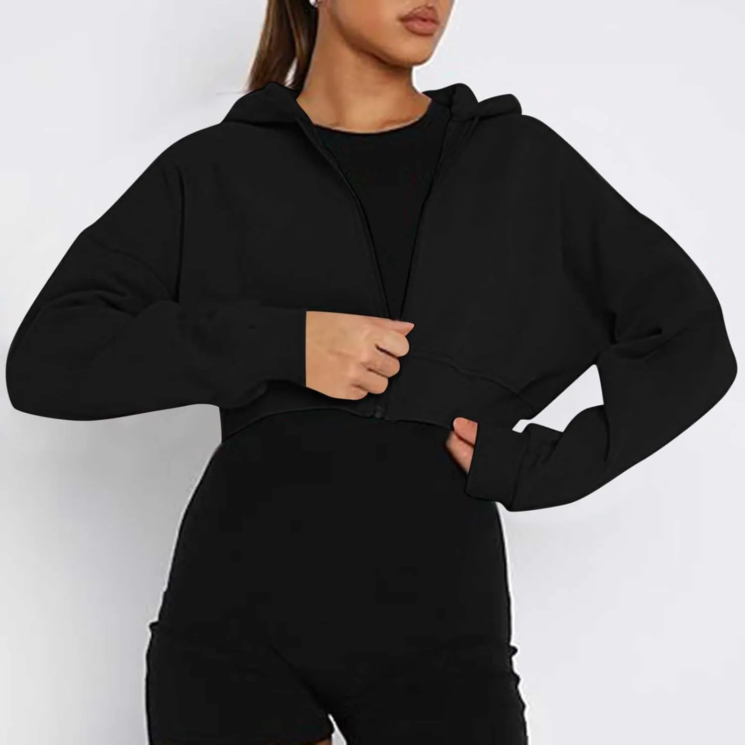 Womens Zip Up Cropped Sweatshirts Hoodie Long Sleeve Jacket Trendy Y2K Crop Tops 2024 Fashion Outfits Clothing